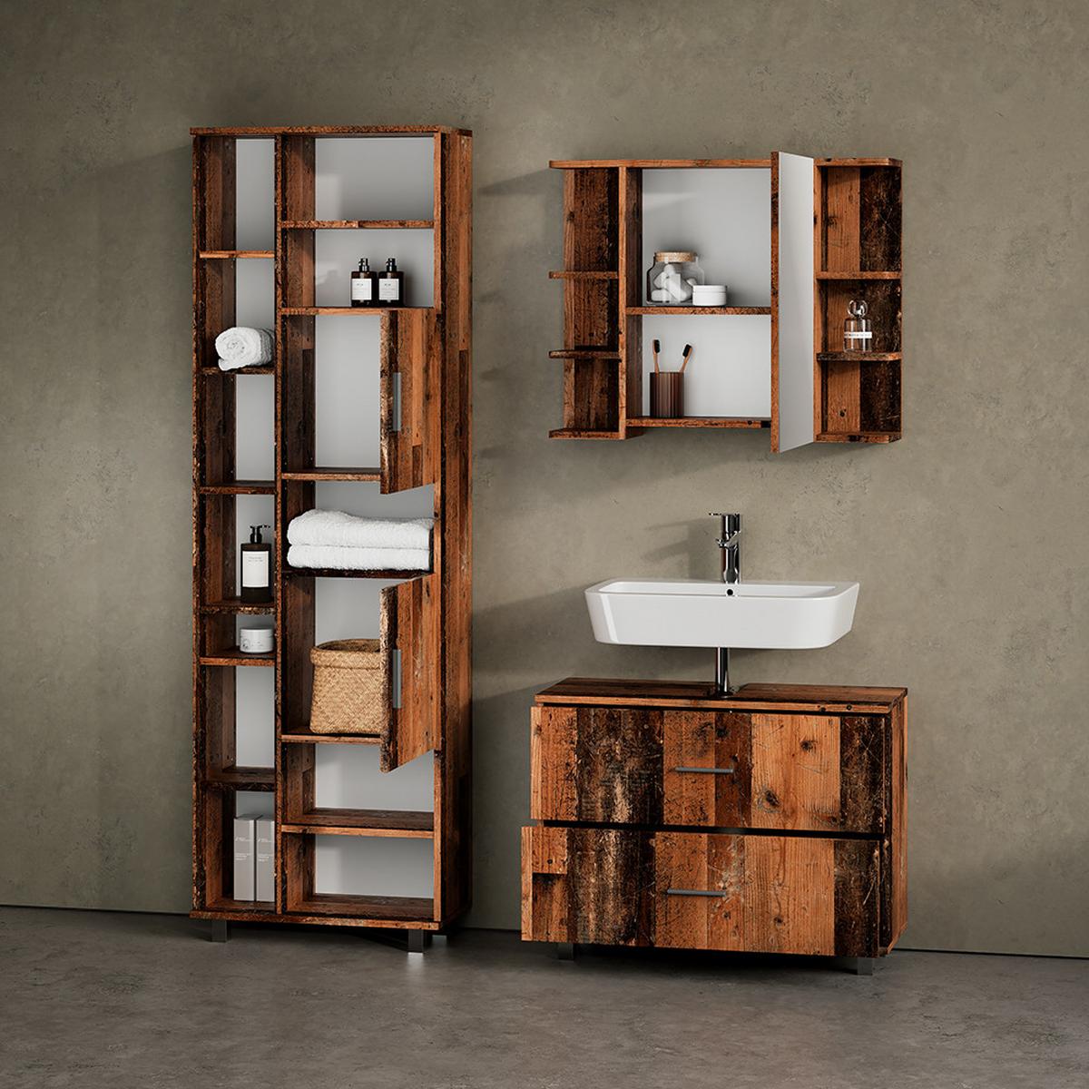 WASCHBECKENUNTERSCHRANK Eisak Eiche rustikal 80 x 60 cm mit 2 Schubladen - Wildeiche, Holzwerkstoff (80/60/33cm) - Livinity®