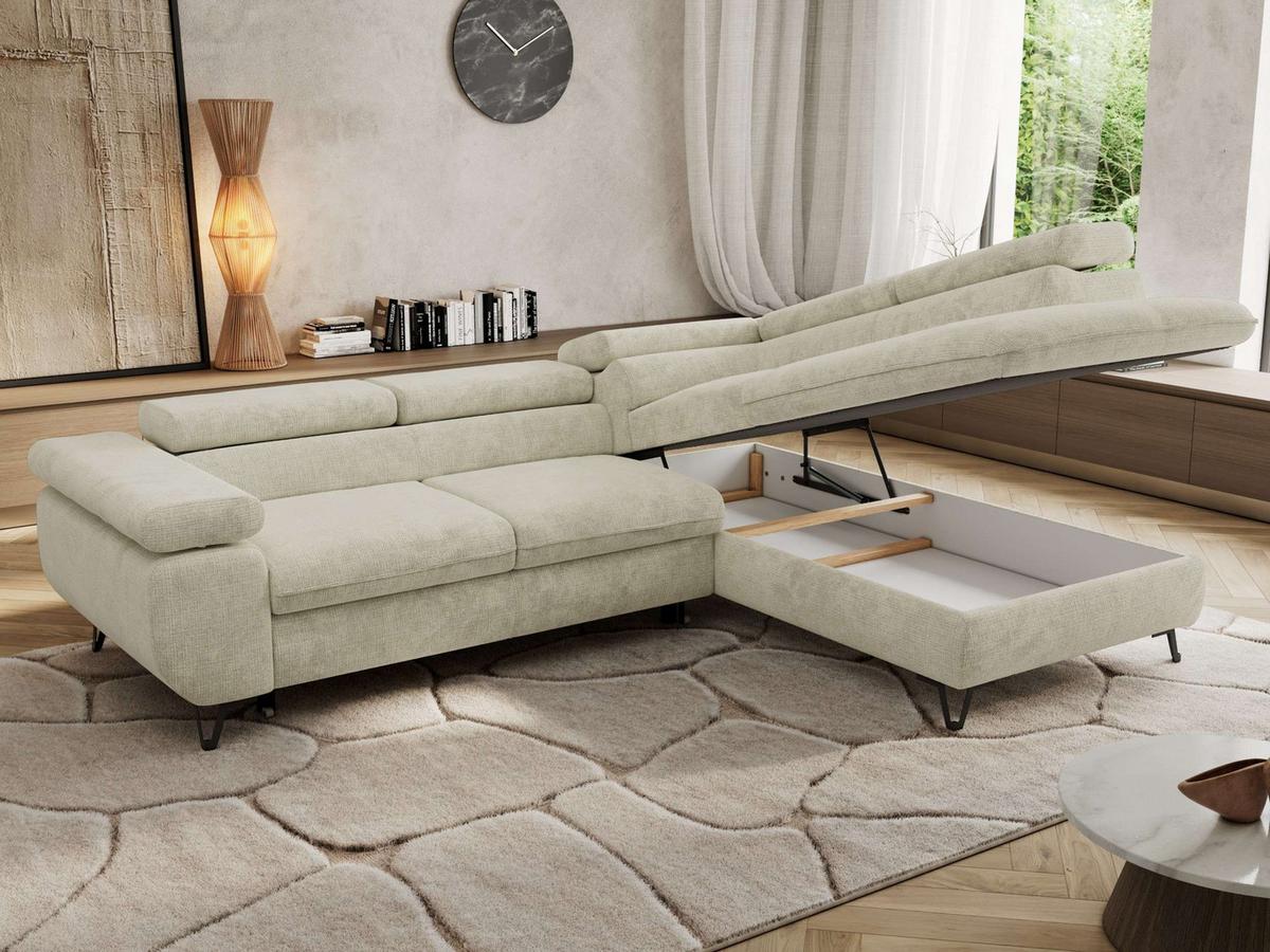 ECKSOFA PABLO L Creme Schenille grob gewebt - Rechts Seite - Creme/Schwarz, Textil/Metall (273/208cm) - MKS