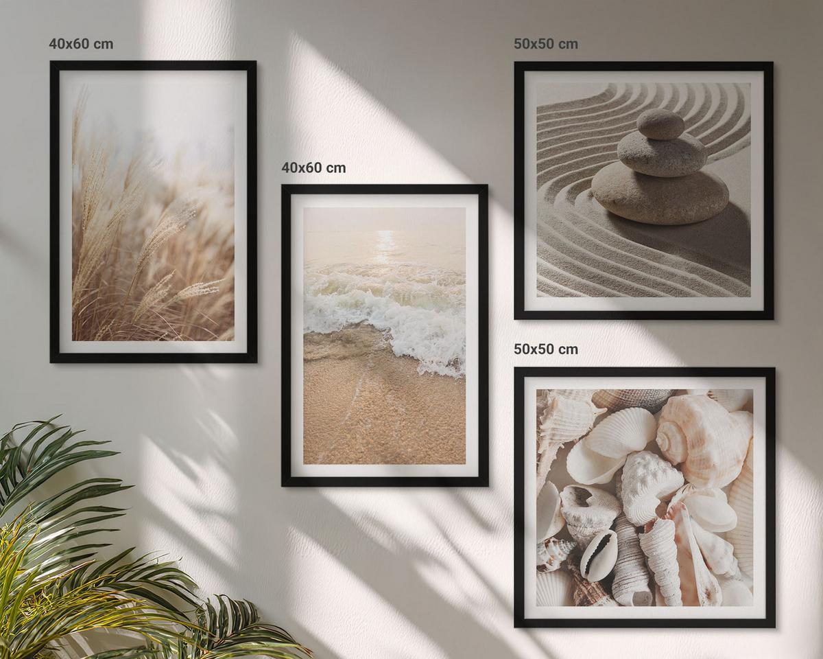 BILDER SET 4er Set - 50x50 cm & 40x60 cm Schwarzer Rahmen - Strandmotive, Muscheln, Wellen - Schwarz, Kunststoff (50/50cm) - TULUP