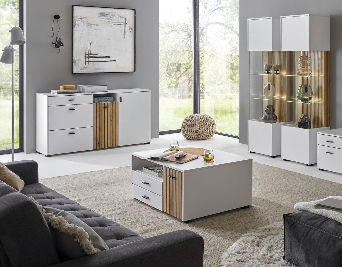 COUCHTISCH weiß matt, Eiche 90 cm, Wohnzimmertisch mit Stauraum und Soft-Close - Eichefarben/Schwarz, Holzwerkstoff/Kunststoff (90/70/43cm) - Furn.Design