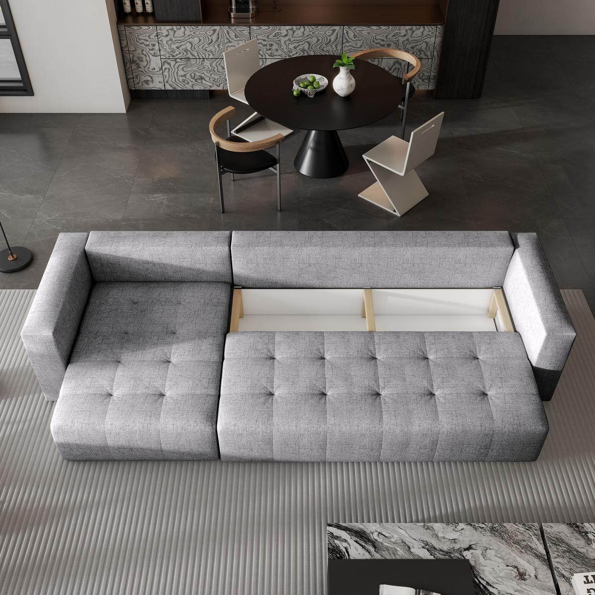 ECKSOFA OLVERA Hellgrau Geflochtener Stoff mit Schlaffunktion - Hellgrau, Holz (347/148cm) - MASSENO