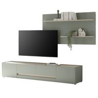 WOHNWAND in Salbei Grün mit Eiche, Wohnkombination 2-teilig mit XXL TV-Lowboard, Breite 300 cm - Salbeigrün/Eichefarben, Holz/Holzwerkstoff (300/190/45cm) - Furn.Design