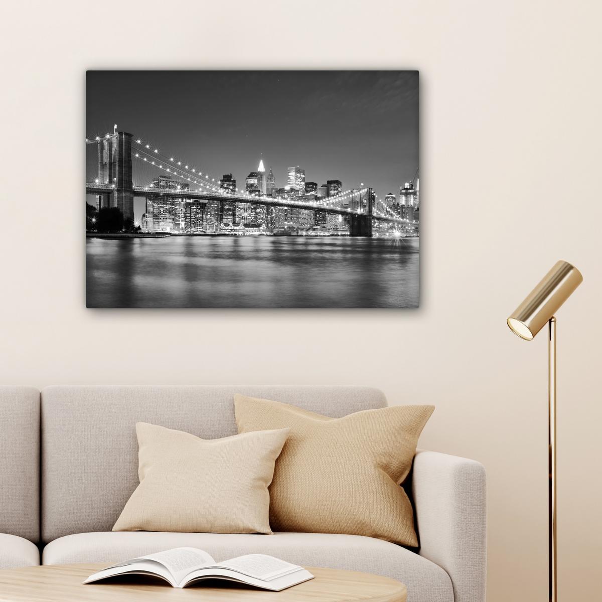 LEINWANDBILD New York - Brücke - Brooklyn - Schwarz und weiß - Architektur Wandbilder 80x60 cm - Schwarz, Textil (80/60cm) - MuchoWow