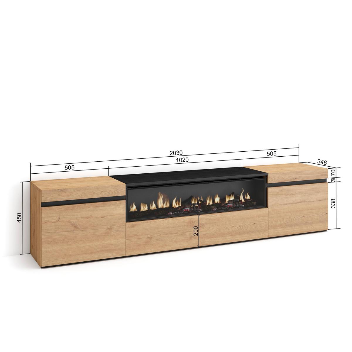LOWBOARD mit Elektrokamin, Eiche, Schwarz, 200/35/45cm - Eichefarben, Holzwerkstoff (200/45/35cm) - Skraut Home