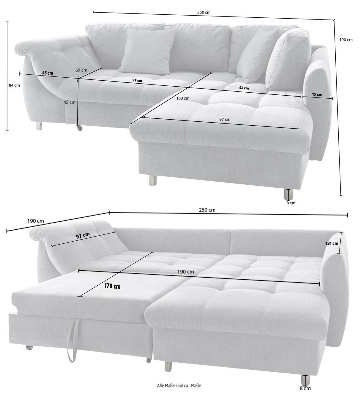 ECKSOFA mit Schlaffunktion, Bettkasten, Wellenunterfederung, Ottomane rechts B250/T190/H84 cm, Liegefl. 179x190 cm, Mikrofaser Blau / 17101 - Blau/Chromfarben, Textil/Metall (250/190cm) - luma-home