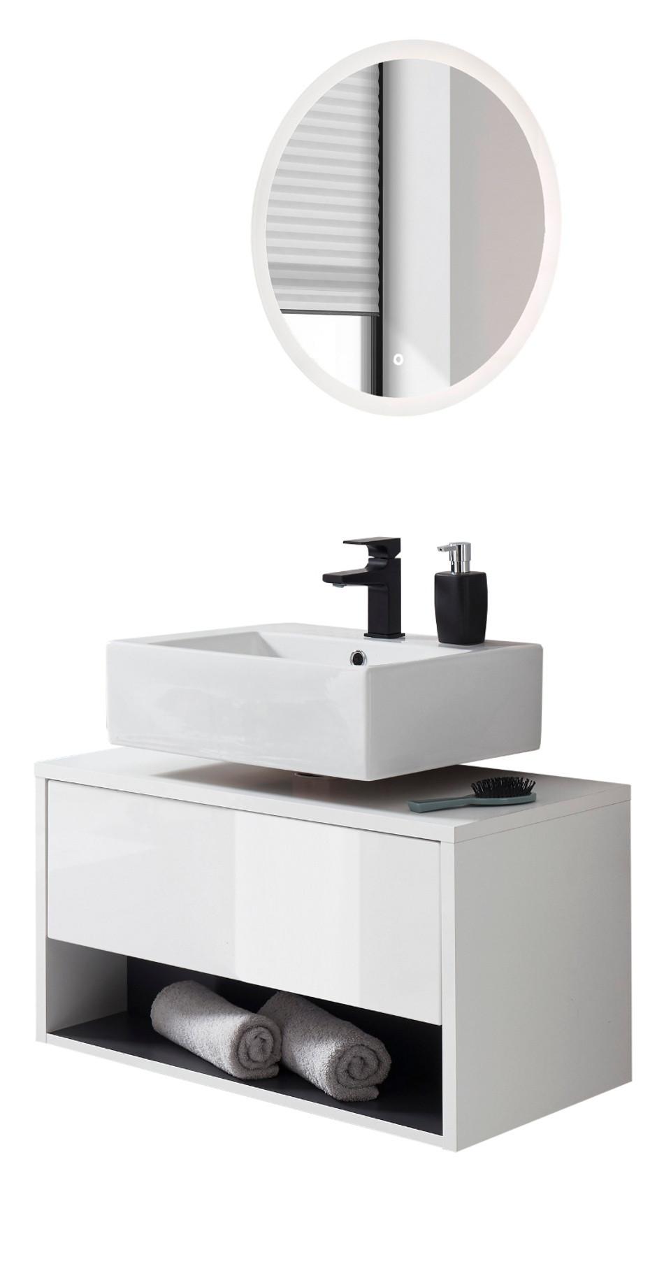 BADMÖBEL-SET weiß Hochglanz, grau, Badezimmer Set inklusive LED Beleuchtung, Breite 80 cm - Weiß Hochglanz/Grau, Glas/Holzwerkstoff (80/190/46cm) - Furn.Design
