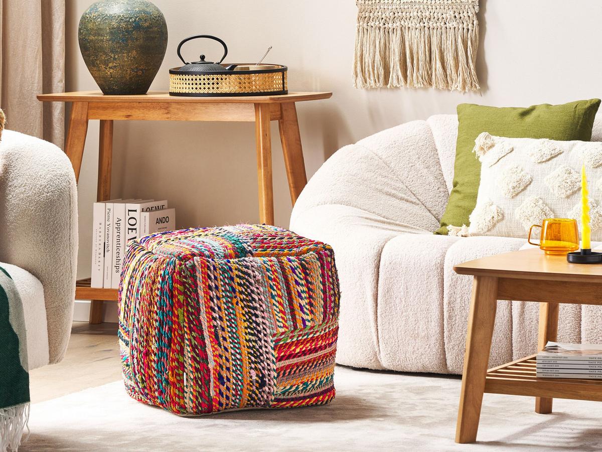 POUF Bunt Mekhtar - Blau/Rot, Naturmaterialien (40/40/40cm) - Beliani