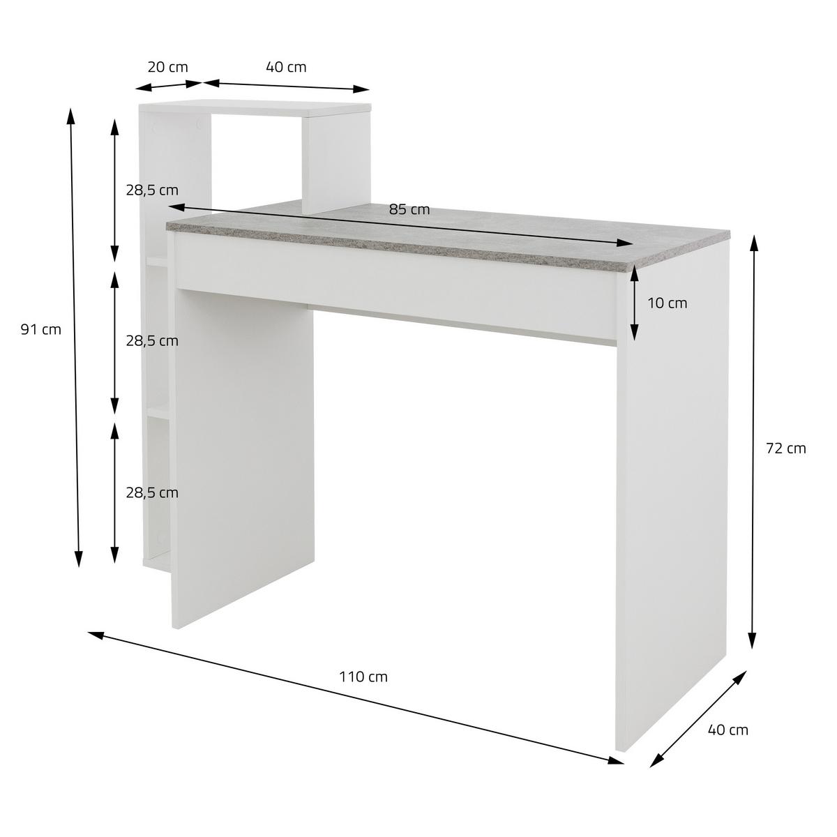 SCHREIBTISCH mit Regal 110x72x40 cm Weiß/Beton-Optik - Grau, Holzwerkstoff (110/40/91cm) - ML-DESIGN
