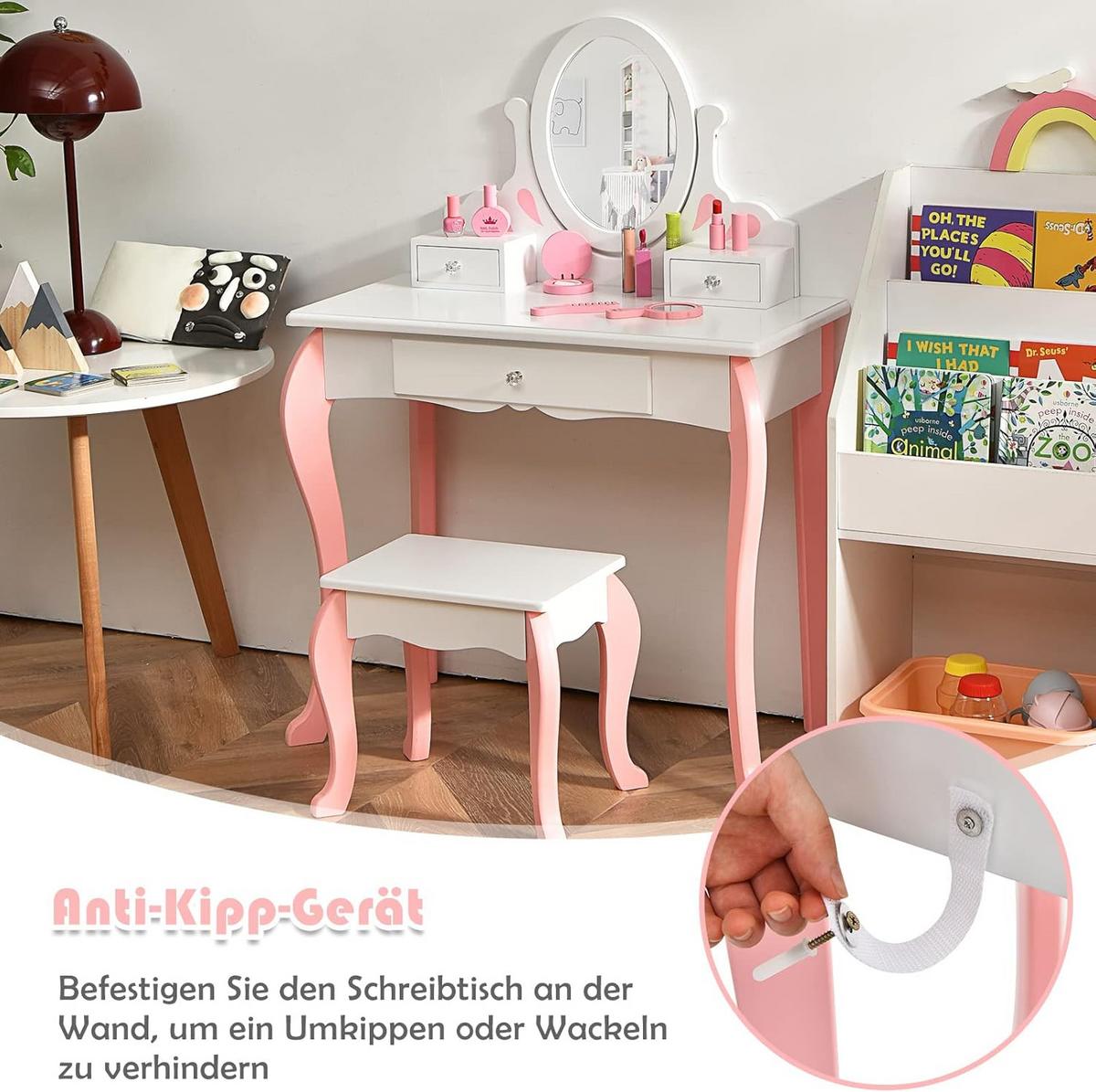 KINDER SCHMINKTISCH mit Hocker Weiß - Weiß, Holz (70/100/34cm) - COSTWAY