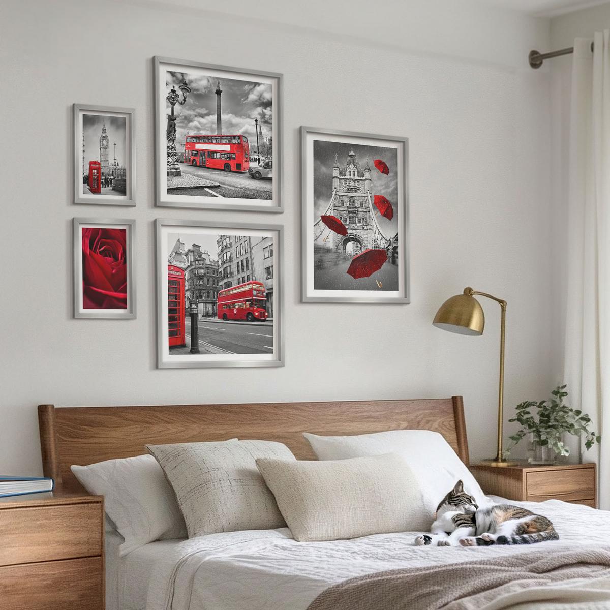 BILDER SET 5er Set - 50x50 cm & 20x30 cm & 40x60 cm Silberner Rahmen - Ginkgoblätter, heller Hintergrund - Silberfarben, Kunststoff (40/60cm) - TULUP