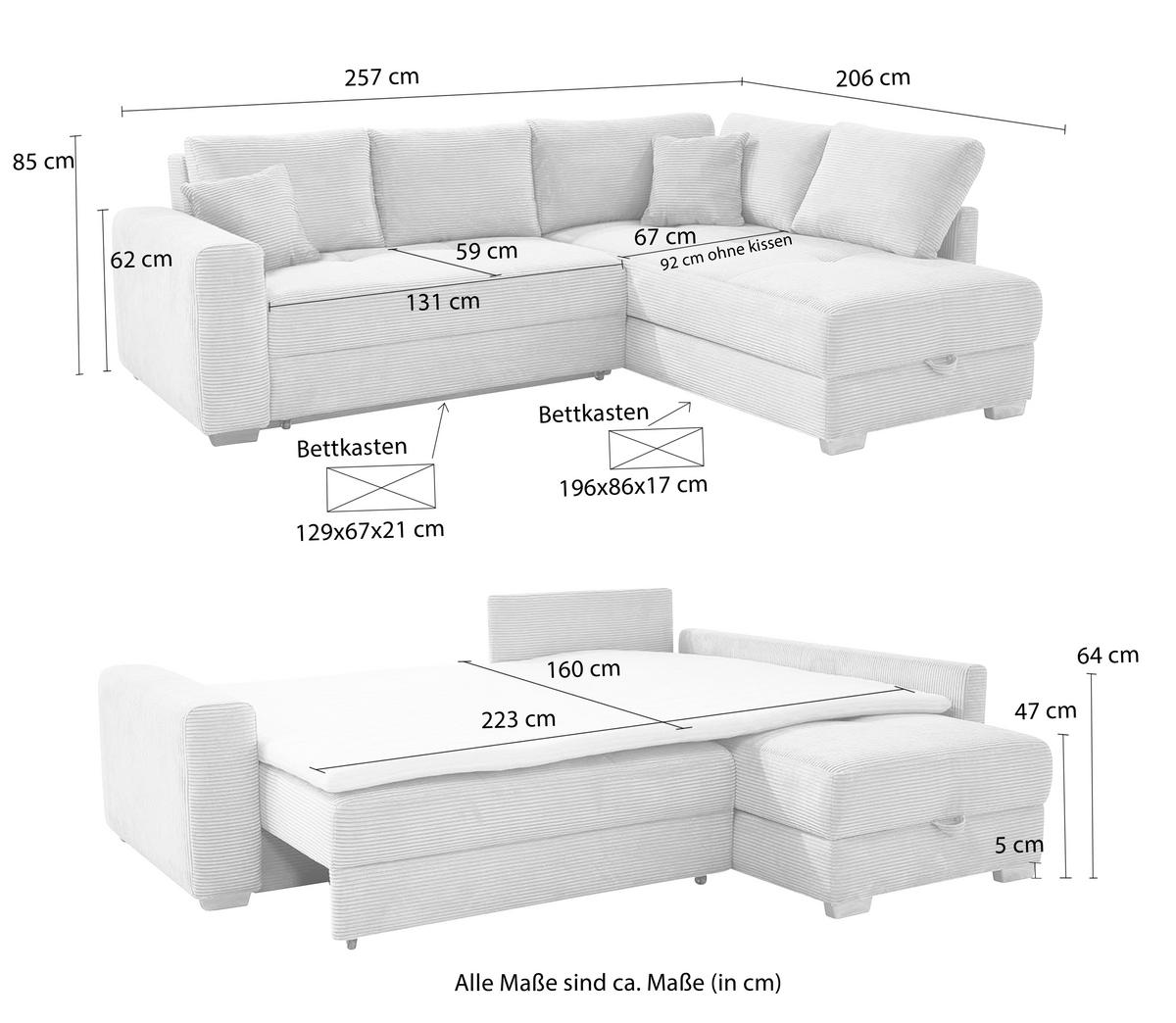 ECKSOFA-DAUERSCHLÄFER Boxspring Federkern Topper Bettkasten, seitenverkehrt montierbar B257/T206/H85 cm, Cord Dunkelgrau / 15211 - Dunkelgrau/Eichefarben, Holz/Textil (257/206cm) - luma-home