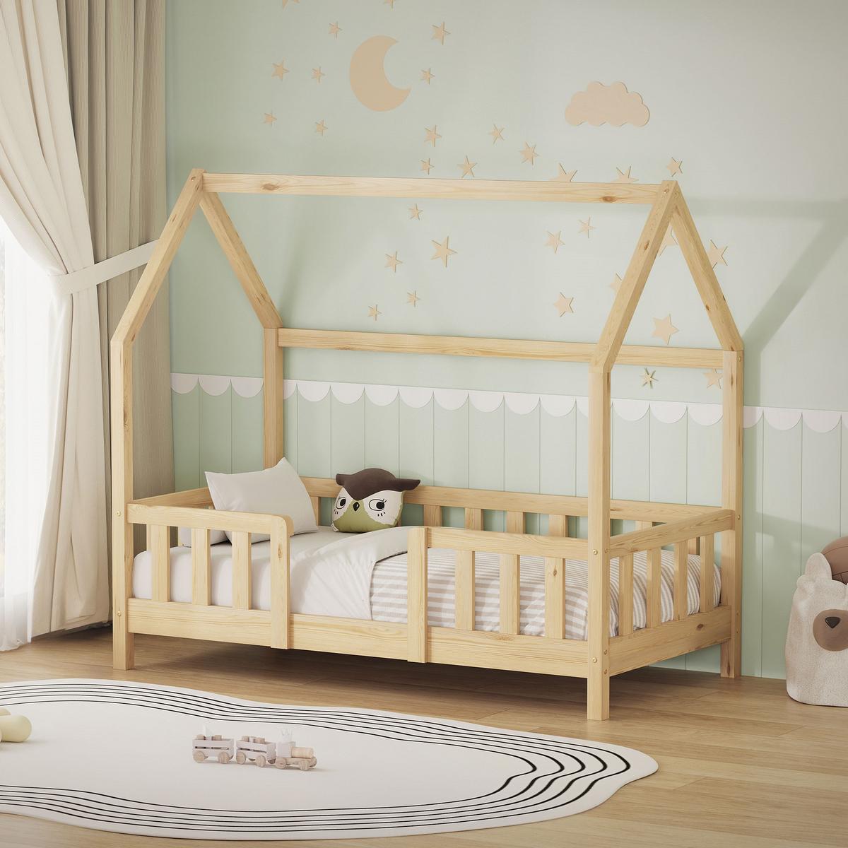KINDERBETT 70x140 cm mit Rausfallschutz Natur aus Kiefernholz - Naturfarben, Holz (70/140cm) - ML-DESIGN