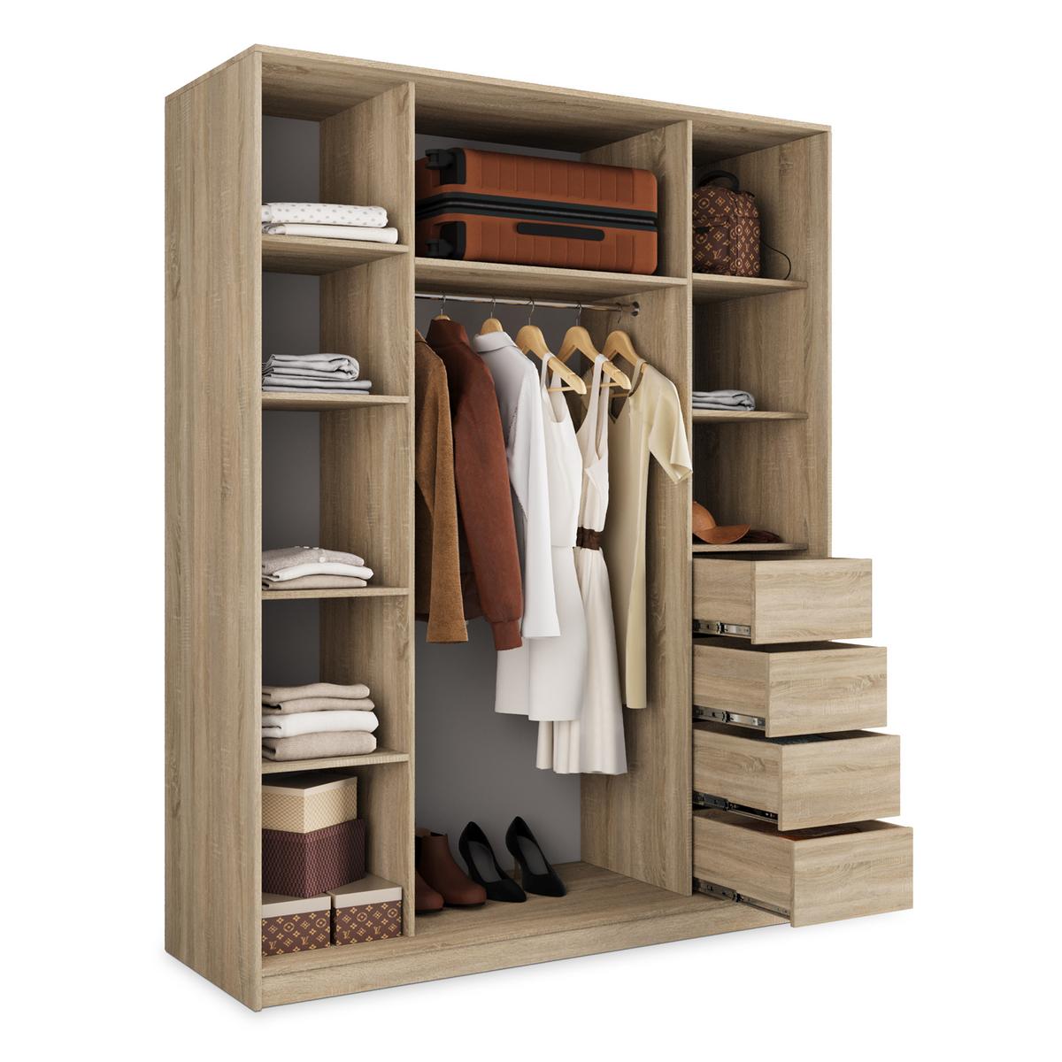 SCHWEBETÜRENSCHRANK PINA 150/205/58 cm 3-türig mit Spiegel und Schubladen Sonoma Eiche - Silberfarben/Sonoma Eiche, Holzwerkstoff (150/205/58cm) - MASSENO