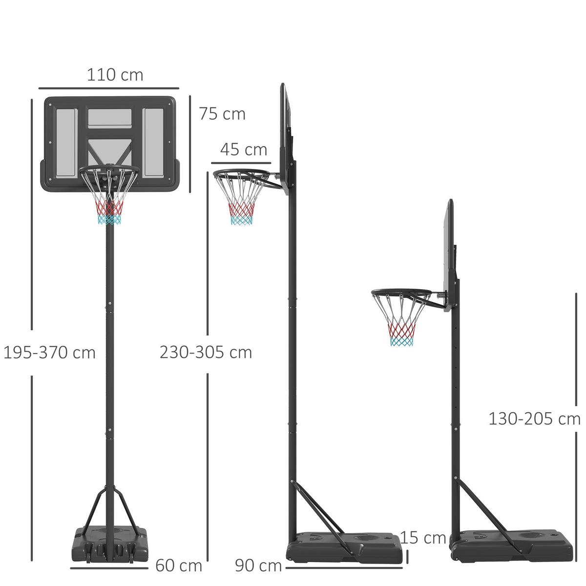2-IN-1 Basketballständer 230-305cm Höhenverstellbarer Basketballkorb mit Ständer - Schwarz, Metall (60/90cm) - SPORTNOW