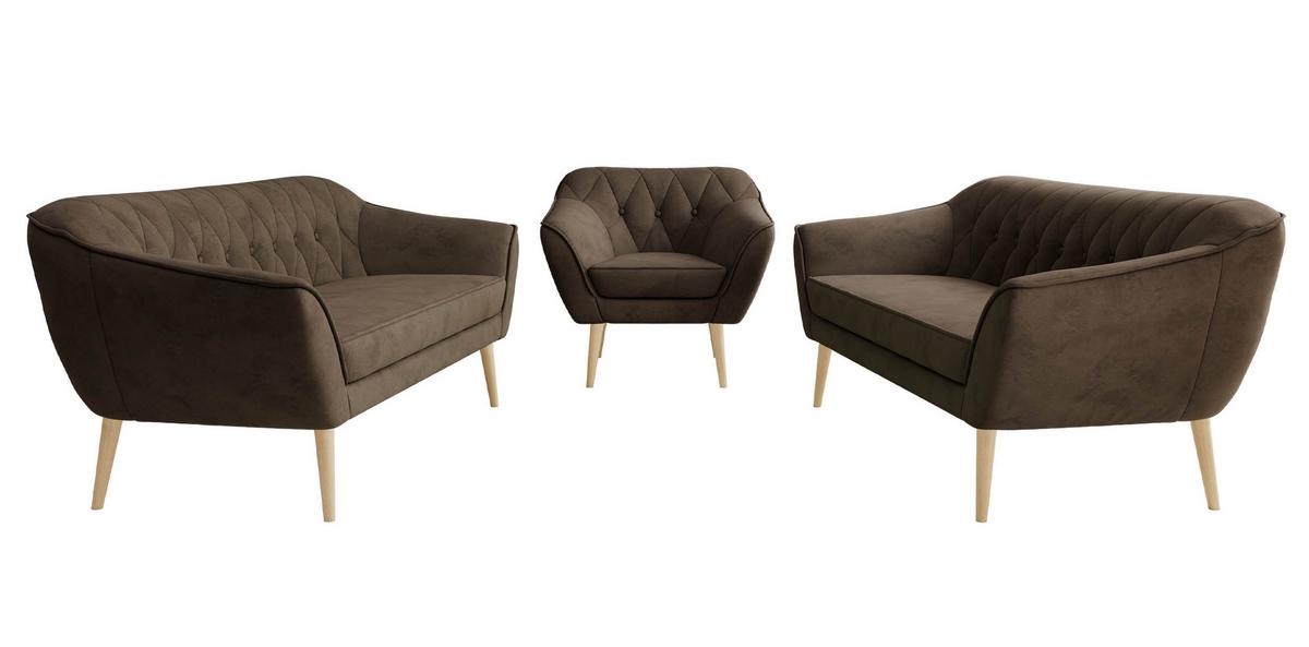 SITZGARNITUR PIRS 3+3+1 - Braun Velvet - Holzbeine - Dunkelbraun/Buchefarben, Holzwerkstoff/Textil (180/75/74cm) - MKS