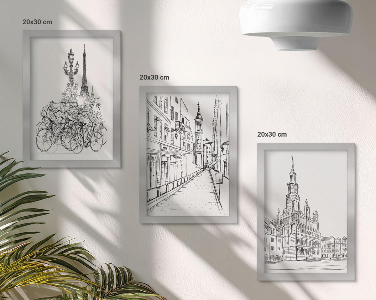 BILDER SET 3er Set - 20x30 cm Silberner Rahmen - Einfache Zeichnungen von Stadtlandschaften - Silberfarben, Kunststoff (20/30cm) - TULUP
