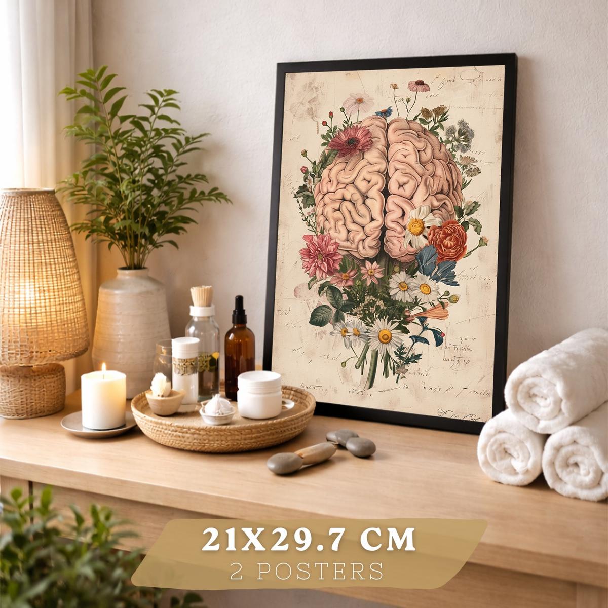 POSTER Set aus 2 Weibliche Anatomie Drucke und Wandbilder mit Gehirn und Gebärmutter Botanischer Retro Vintage Floraler Stil Größe Schwarzer Rahmen A4 - Schwarz, Papier (21/29.7/3cm) - Nacnic