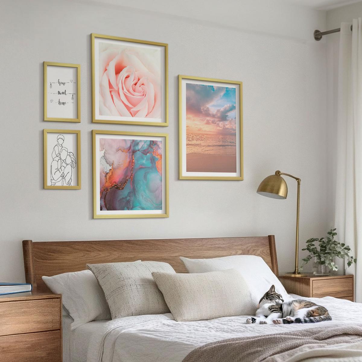 BILDER SET 5er Set - 50x50 cm & 20x30 cm & 40x60 cm Goldrahmen - Blumenfamilie minimalistisch - Goldfarben, Kunststoff (40/60cm) - TULUP