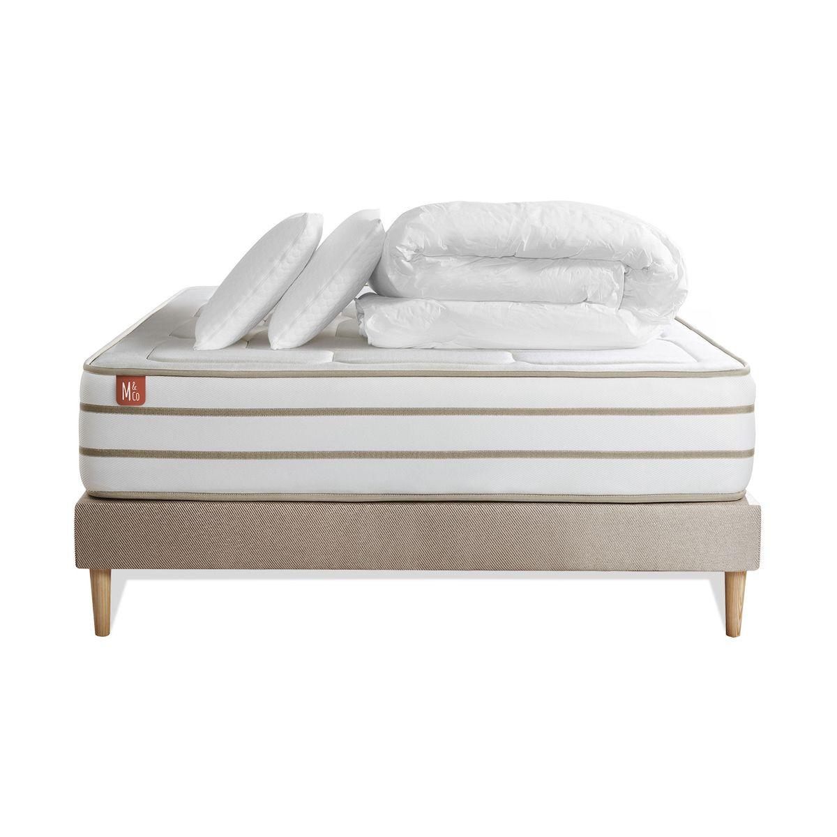 BETT Le Douillet Memory-Schaum 160 x 200 cm h1 - Kit Bettgestell Beige - Mit Kissen und Bettdecke - Beige, Karton/Holz (160/200cm) - Marmottes & Co