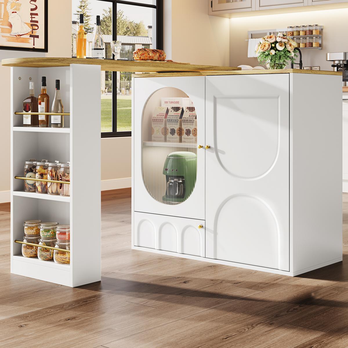 BARTISCH mit Stauraum Weiß Holzoptik 204 cm drehbar - Weiß, Glas/Holzwerkstoff (73/138/93cm) - Urban Meuble