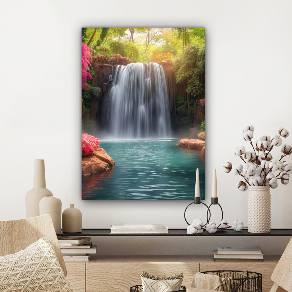 LEINWANDBILD Wasserfall - Natur - Pflanzen - Dschungel - Wasser Wandbild Wohnzimmer 60x80 cm - Grün, Textil (60/80cm) - MuchoWow