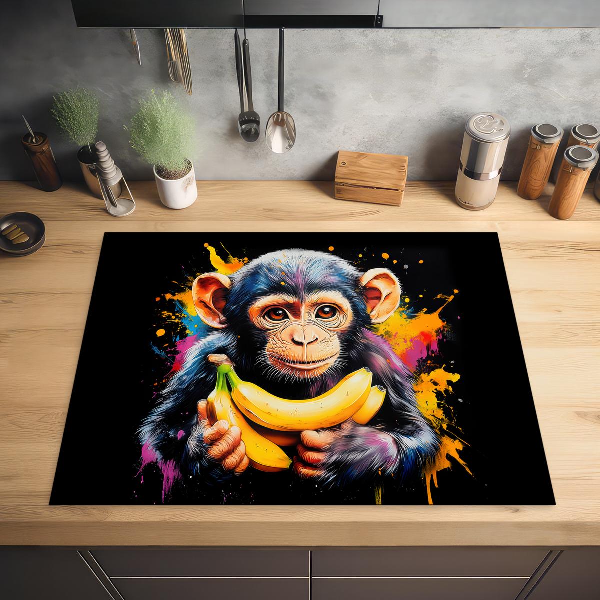 HERDABDECKPLATTE Affe - Graffiti - Farbenfroh - Bananen - Modern Induktionsmatte 77x59 cm - Gelb, Kunststoff (77/59/0.2cm) - MuchoWow