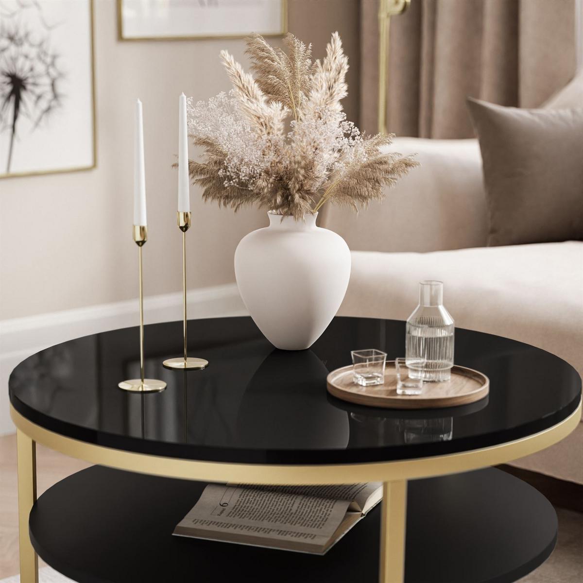COUCHTISCH CIRI SLIM mit Regal Hochglanz - Goldfarben/Schwarz, Holzwerkstoff (60/60/42cm) - Lookway