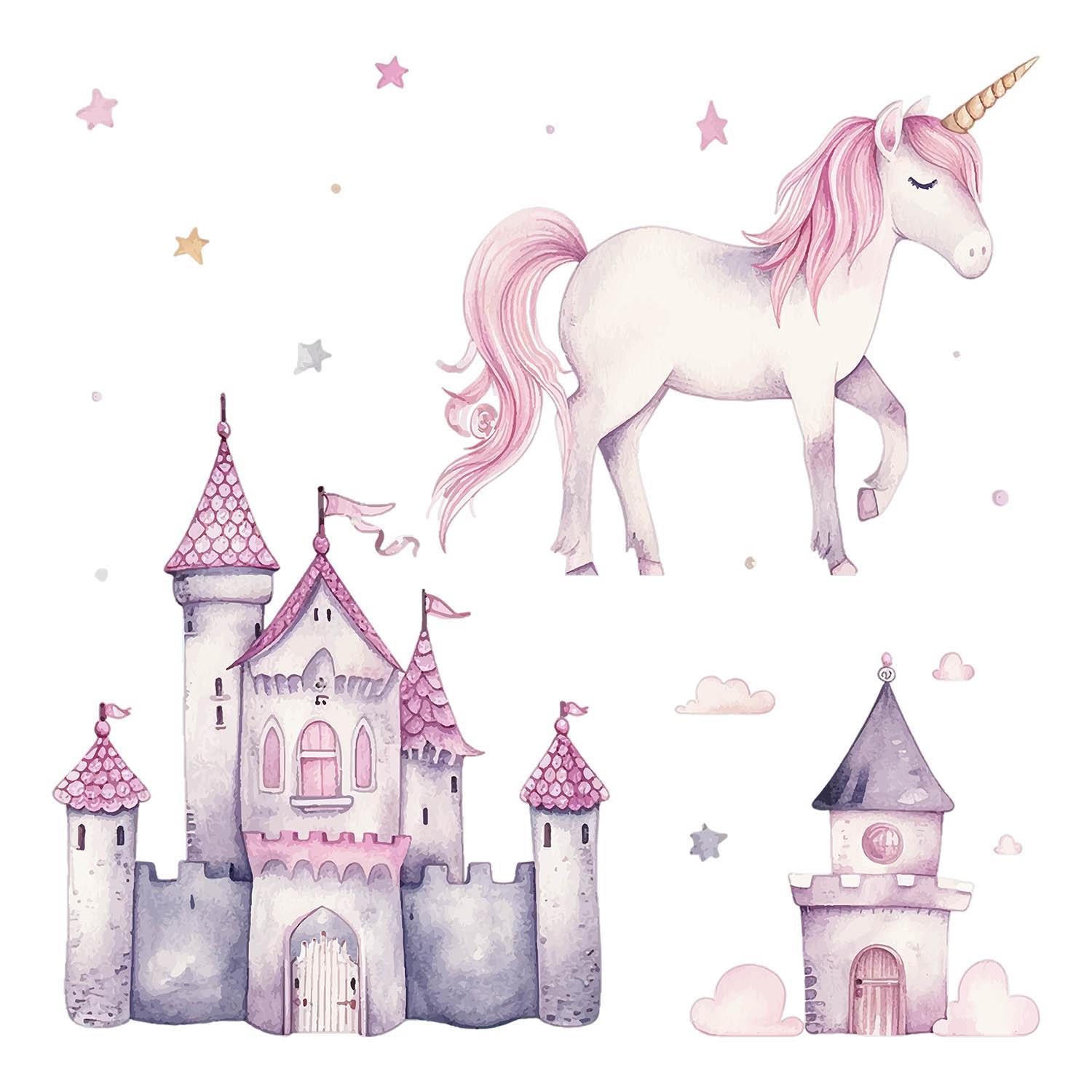 WANDAUFKLEBER 100x164cm - Einhornschloss und Ballons - Multicolor, Kunststoff (100/164/0.1cm) - Wallfluent