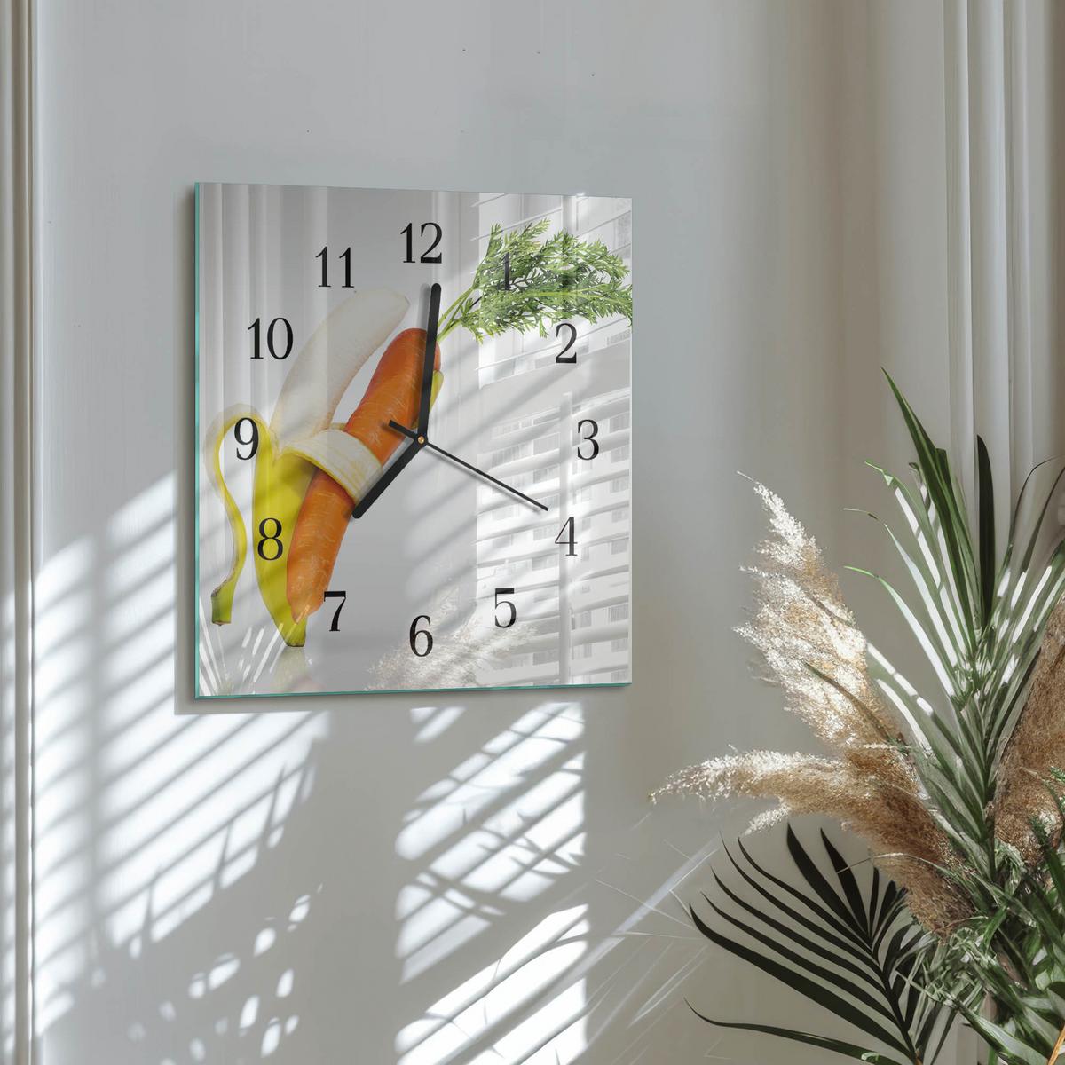 WANDUHR aus Glas 30x30 cm - Karotten und Bananen - Orange, Glas (30/30/0.4cm) - TULUP
