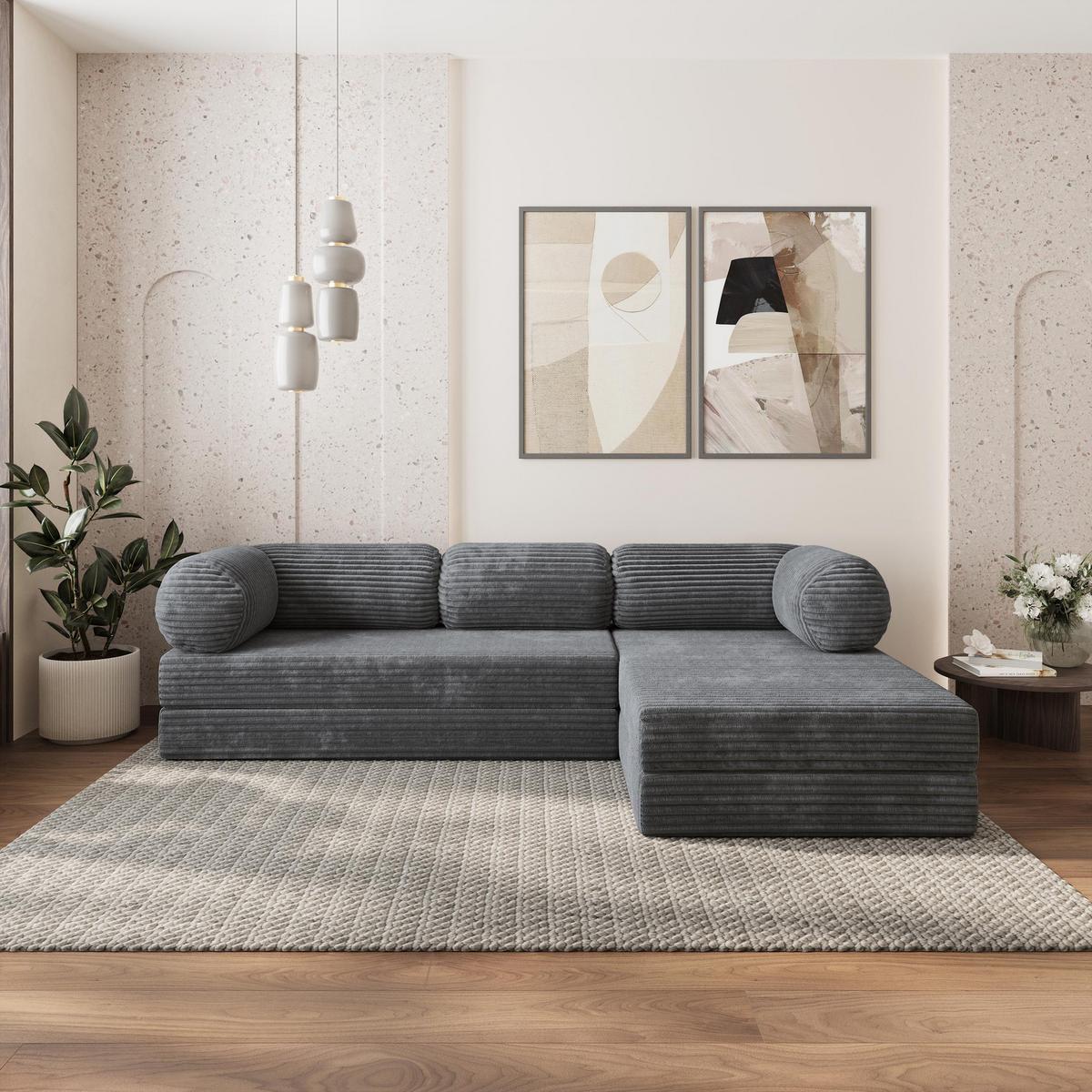 ECKSOFA ETERA modulares Boneless Sofa mit Schlaffunktion Grau Kordstoff - Dunkelgrau, Textil (270/160cm) - MASSENO