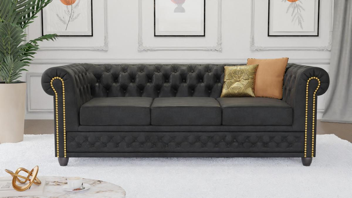 CHESTERFIELD-SOFA 3-sitzer mit Schlaffunktion Flux Anthrazit Microfaser Vintageoptik - Anthrazit/Braun, Holz/Textil (203/72/86cm) - S-Style Möbel