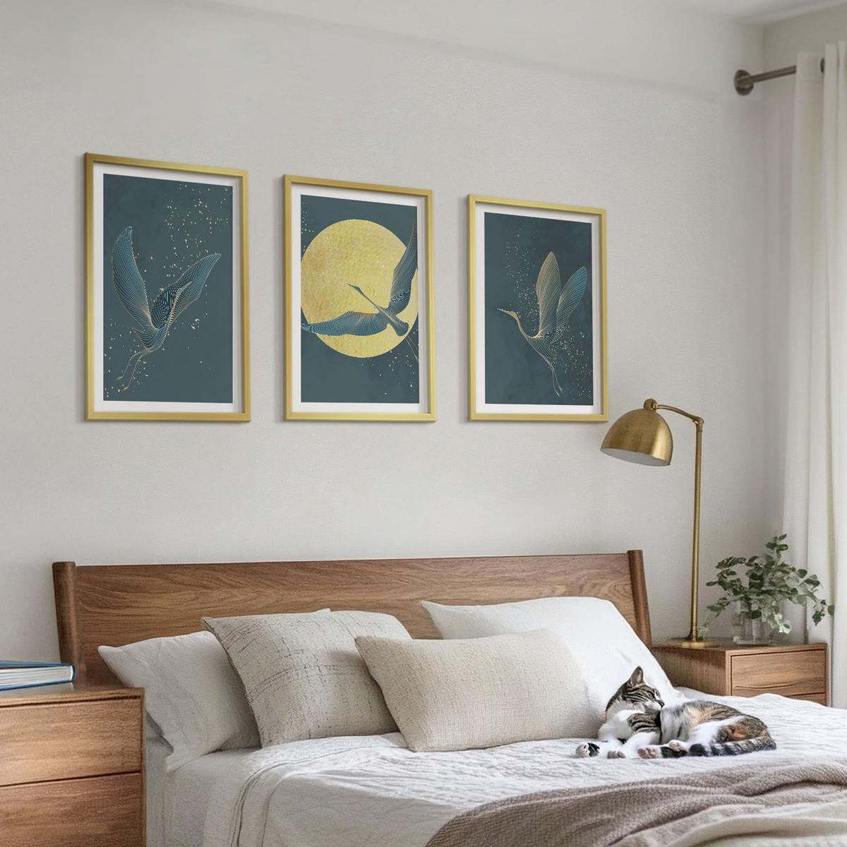 BILDER SET 3er Set - 40x60 cm Goldrahmen - Kraniche im Flug bei Nacht - Goldfarben, Kunststoff (40/60cm) - TULUP