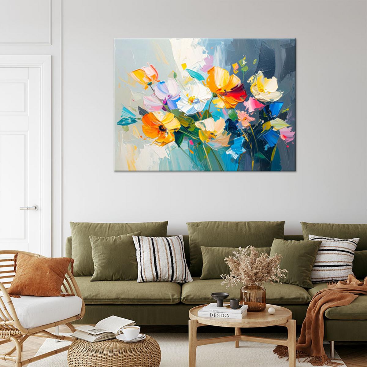 LEINWANDBILD Bunte Blumen Ölgemälde-Imitation 100x70cm - Multicolor, Textil (100/70cm) - Feeby