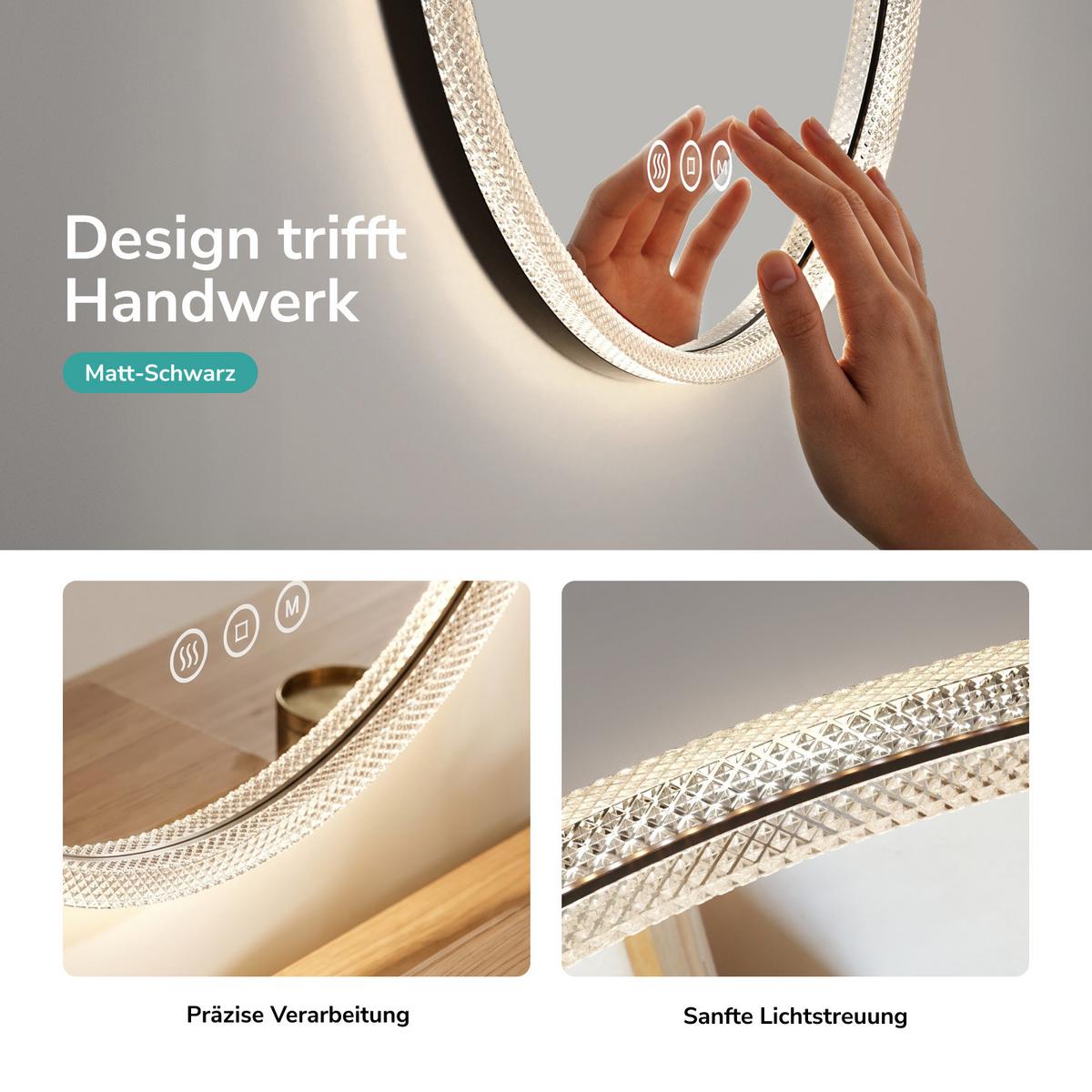 BADSPIEGEL Rund mit LED-Beleuchtung Ø 60 cm, schwarzer Rahmen, 3 Lichtfarben, beschlagfrei - Schwarz, Glas (60/60/4.3cm) - EMKE