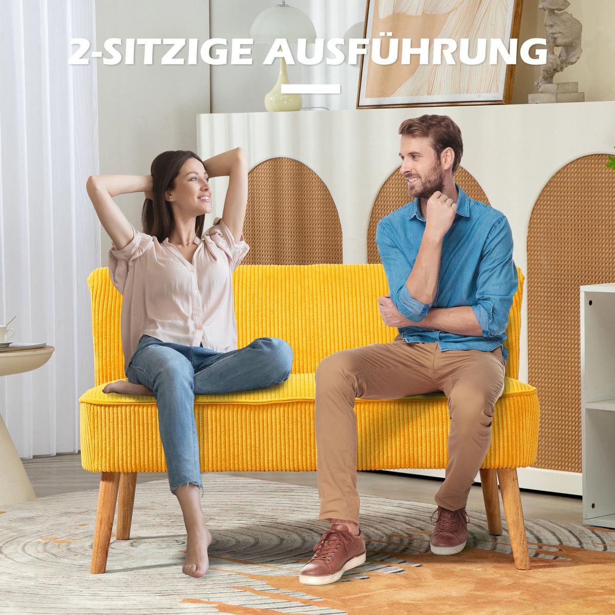 2-SITZER Sofa Polstersofa Doppelsofa Zweisitzer Sofa Cordartiges Polyester Gelb - Gelb/Naturfarben, Holz/Textil (56.5/77/117cm) - HOMCOM