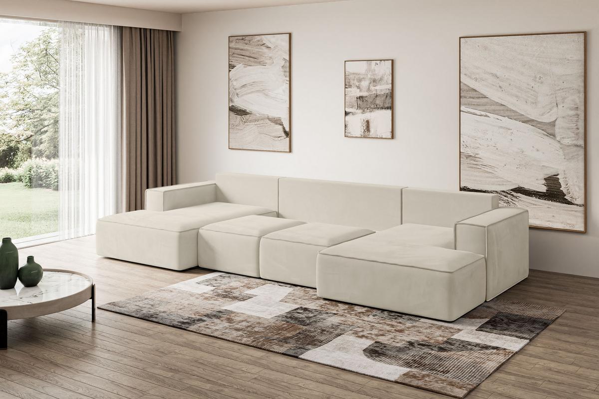 WOHNLANDSCHAFT mit Schlaffunktion und Bettkasten SIERRA-U-S - 349x161x87 cm Beige Velours - Beige/Schwarz, Holzwerkstoff/Kunststoff (349/87/161cm) - ALTDECOR