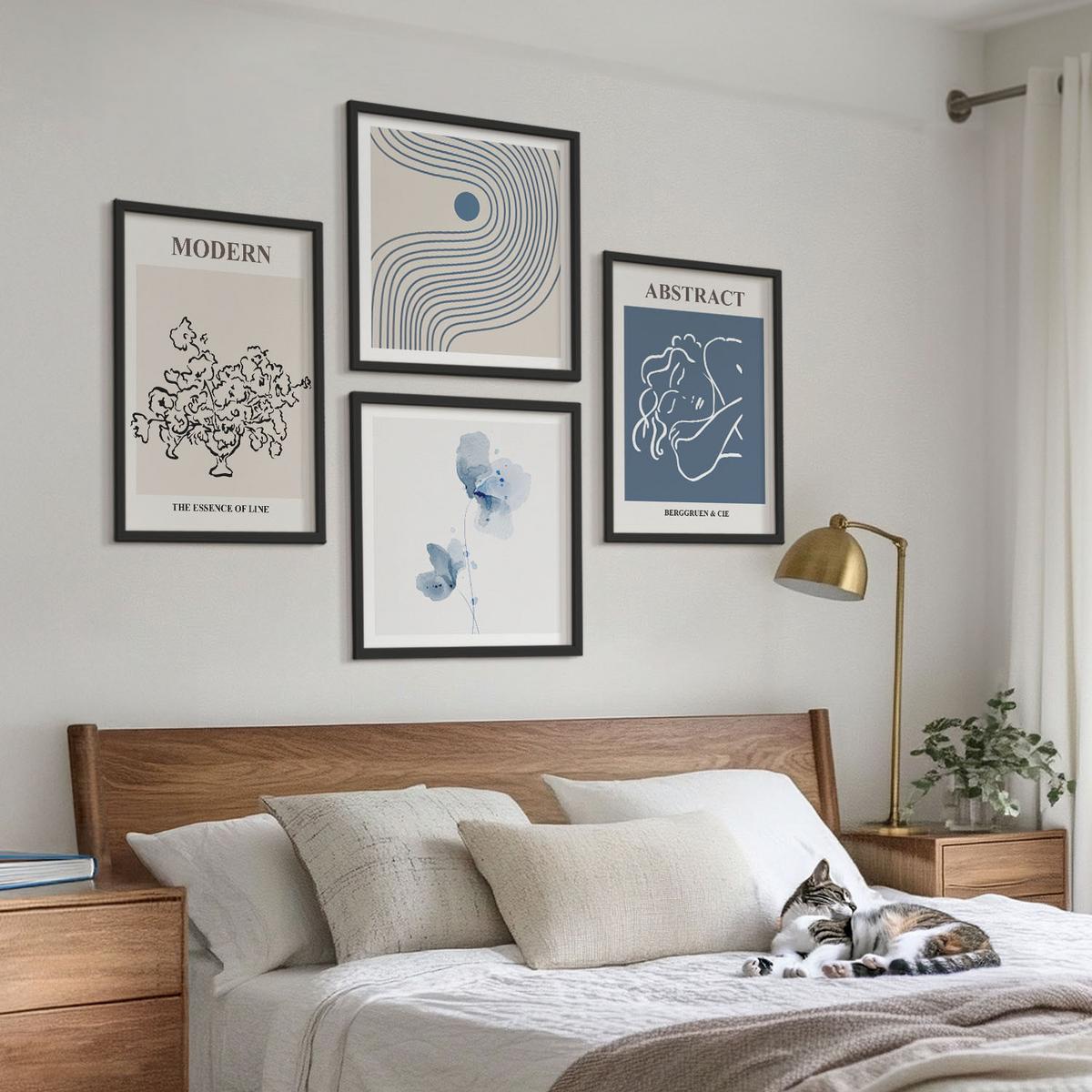 BILDER SET 4er Set - 50x50 cm & 40x60 cm Schwarzer Rahmen - abstrakte Poster mit Blumenlinien - Schwarz, Kunststoff (50/50cm) - TULUP
