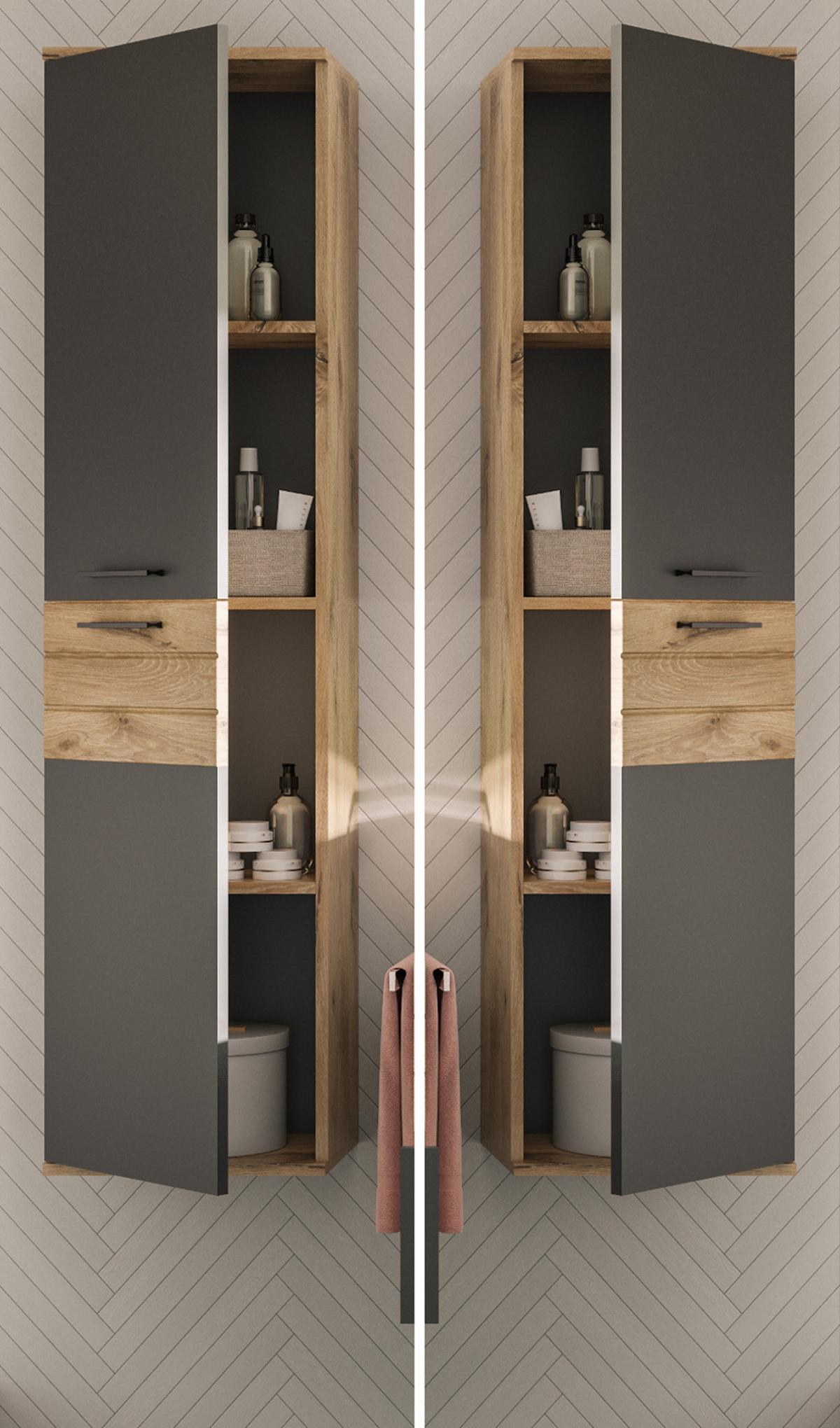 HOCHSCHRANK Hängeschrank Eiche grau 37x152 cm, mit Soft-Close - Eichefarben/Schwarz, Holzwerkstoff/Kunststoff (37/152/24cm) - Inn.Furn