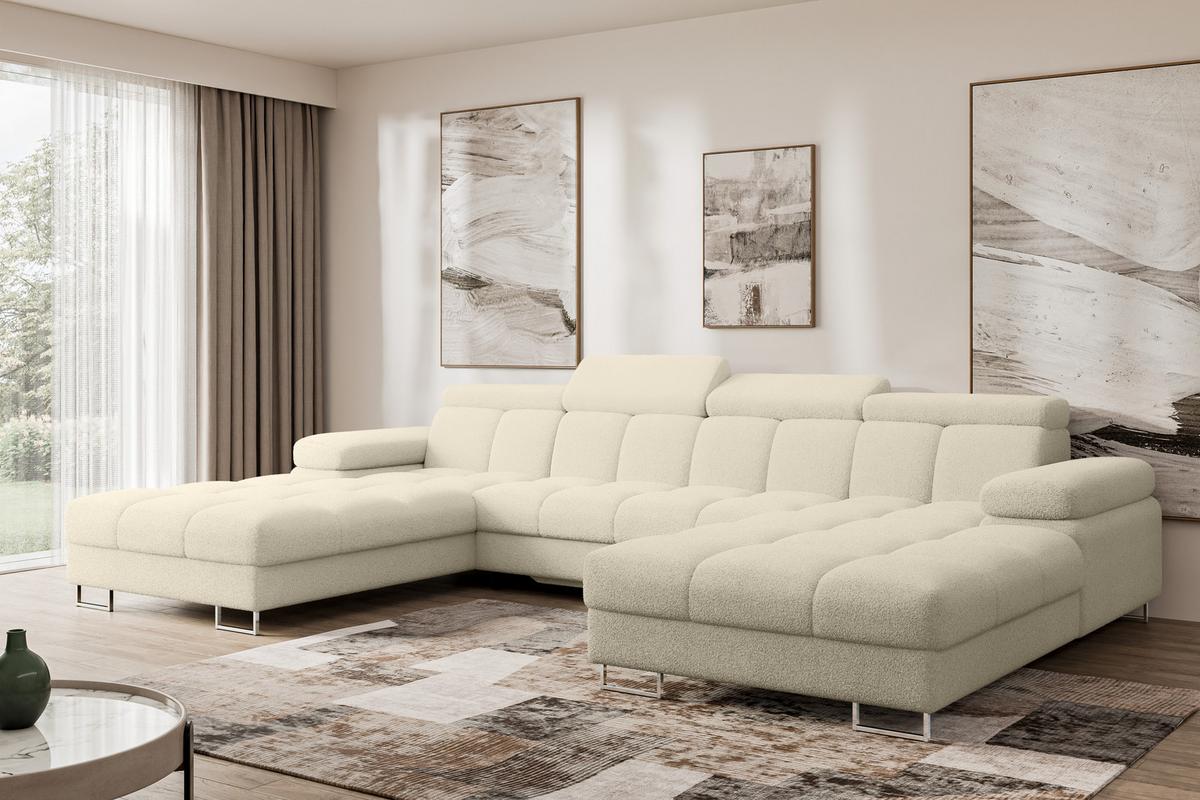 WOHNLANDSCHAFT mit Schlaffunktion und Bettkasten COMA U2 345x203x79 Beige Bouclé - Sandfarben, Holzwerkstoff/Textil (345/79/203cm) - ALTDECOR