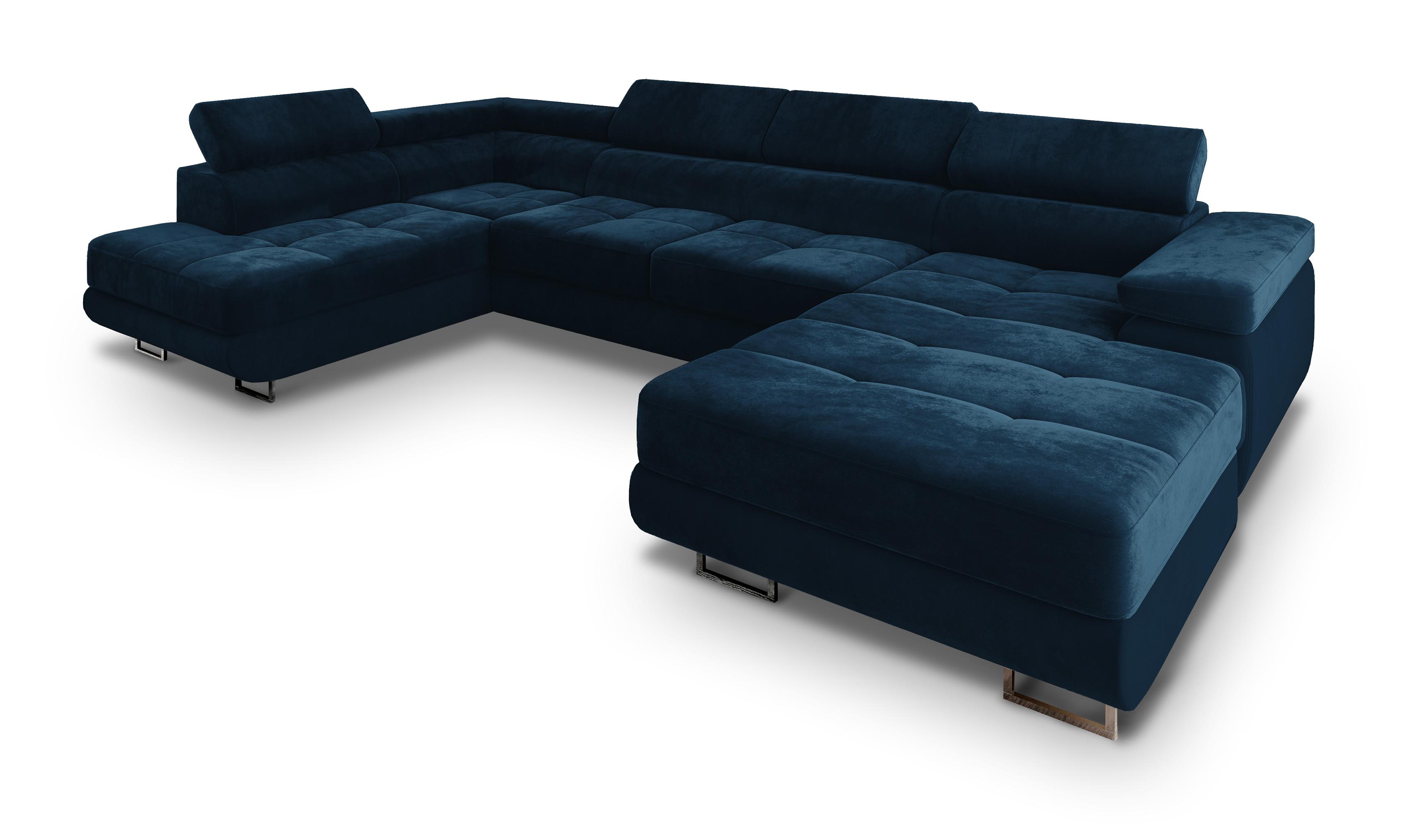 WOHNLANDSCHAFT CASONE L-S Blau Velours-Stoff mit Schlaffunktion - Blau/Silberfarben, Holz/Textil (345/90/202cm) - MASSENO