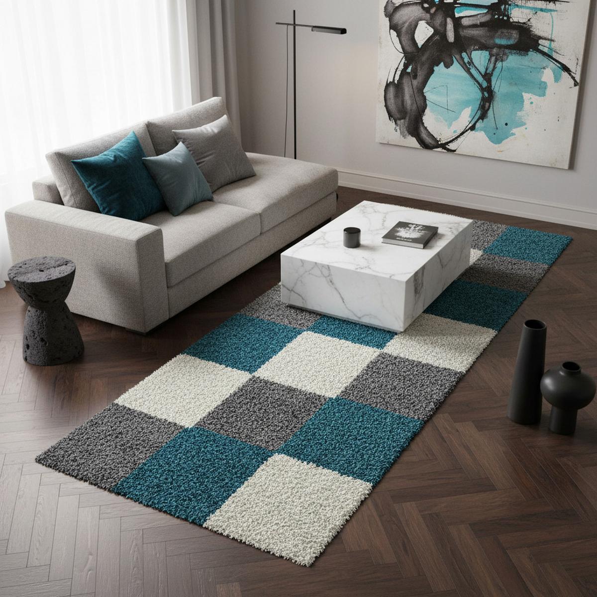 HOCHFLORTEPPICH RHEIN, kariert, Türkis, 80 x 250 cm - Blau, Textil (250/80cm) - KADIMA DESIGN