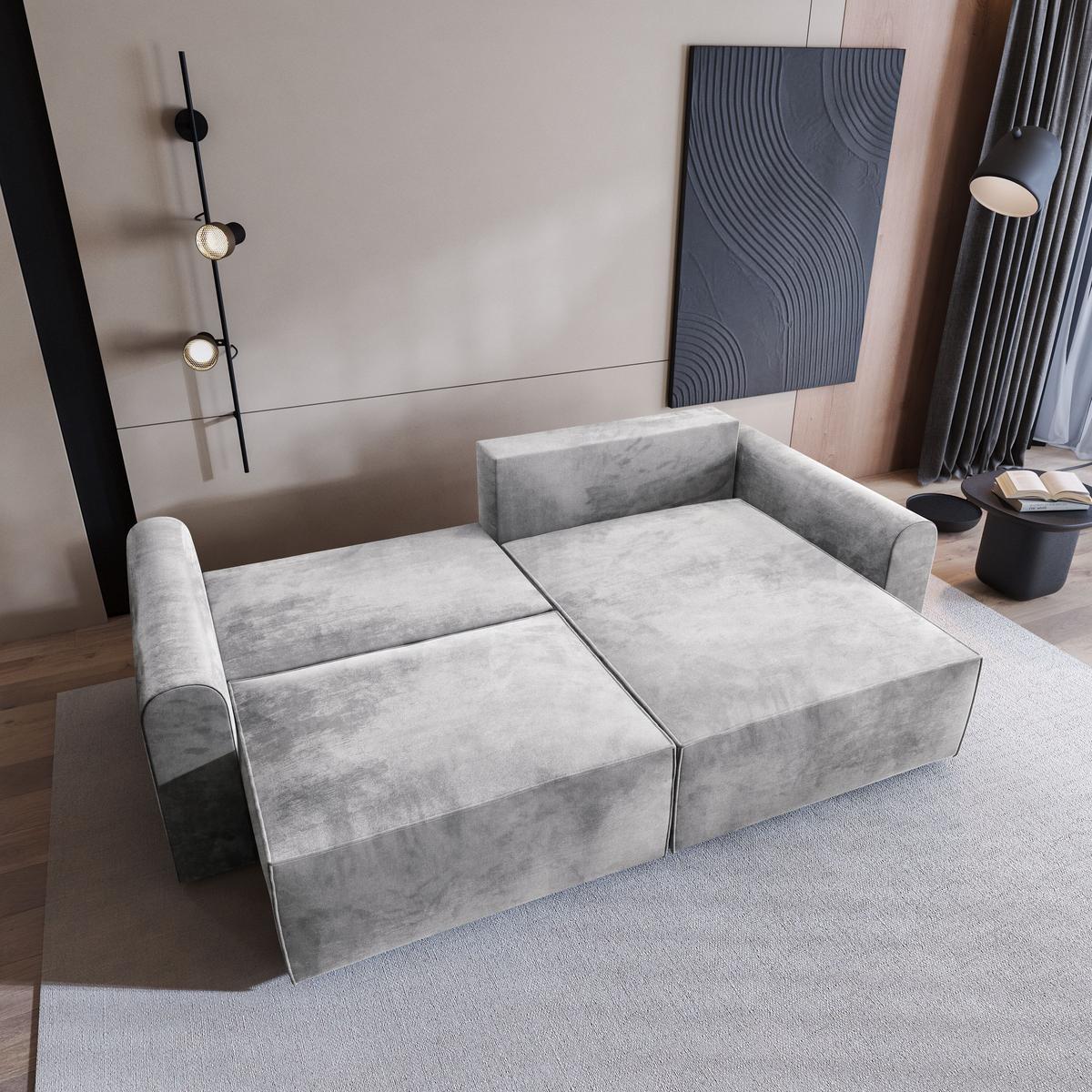 ECKSOFA FIANO M Hellgrau Velours-Stoff mit Schlaffunktion - Hellgrau/Grau, Holz/Kunststoff (245/148cm) - MASSENO