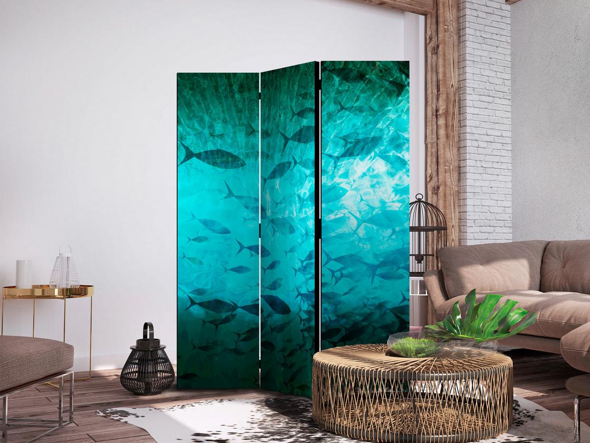 PARAVENT Beidseitig Bedruckter 3-tlg 135x172 cm Fischschwarm Natur - Blau, Holz/Textil (135/172/3cm) - Muralo