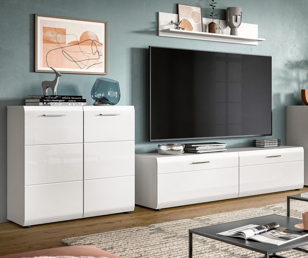 WOHNWAND weiß Hochglanz 3-teilig 255 cm, Schrankwand modernes Design - Weiß Hochglanz/Silberfarben, Glas/Holzwerkstoff (255/160/41cm) - Inn.Furn