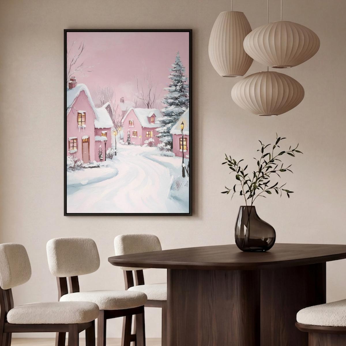 LEINWAND Bilder mit Rahmen - Weihnachtsdorf - Rosa - Winter - Schnee - Häuser - 90x140 - Altrosa, Textil (90/140cm) - MuchoWow