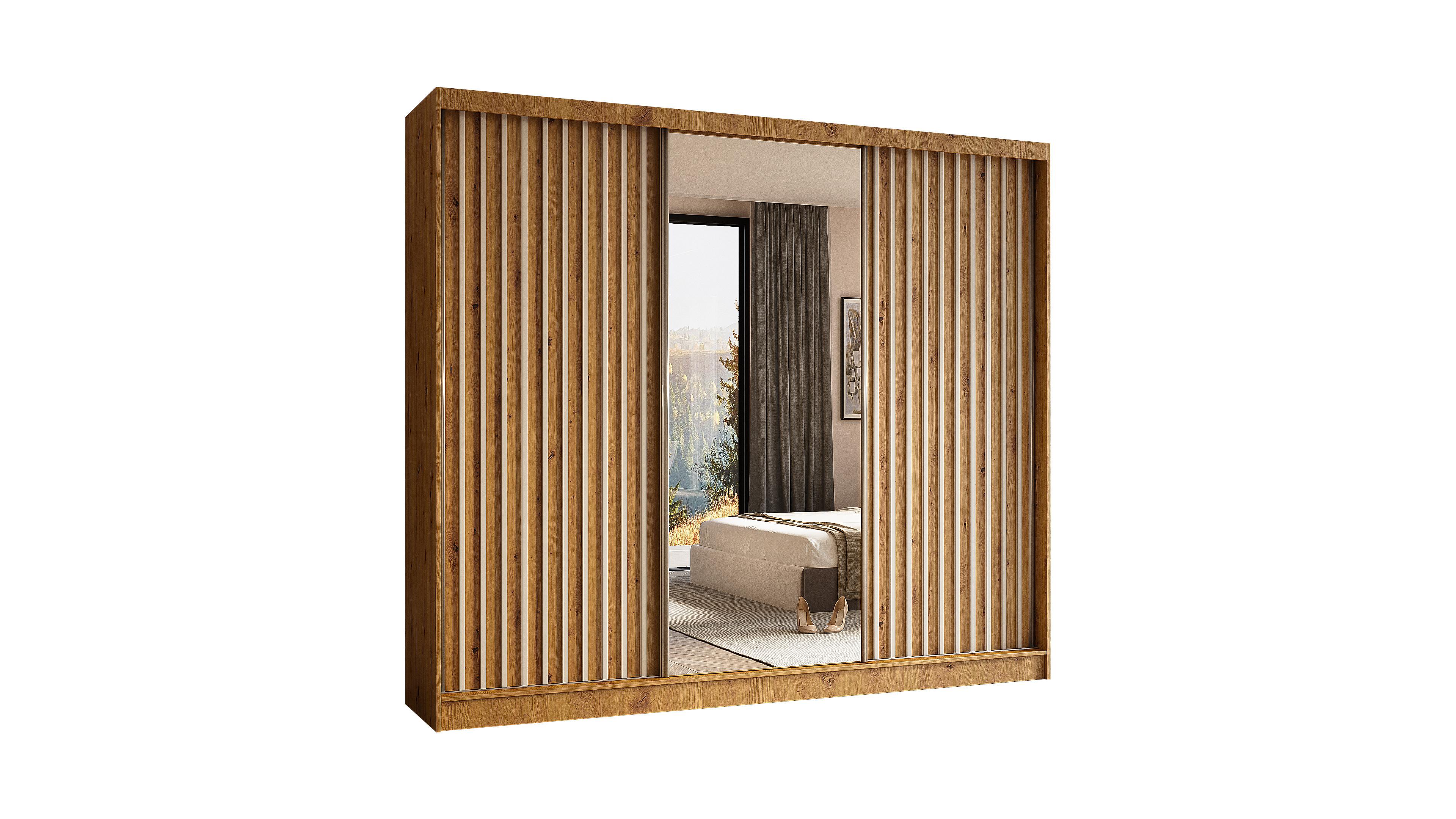 KLEIDERSCHRANK mit Spiegel-Schiebetüren und Aluminium-Leisten, LED-Beleuchtung - LAMELO - 240 cm Artisan+Artisan+Weiß - Eiche Artisan/Weiß, Holzwerkstoff (240/216/61cm) - ALTDECOR