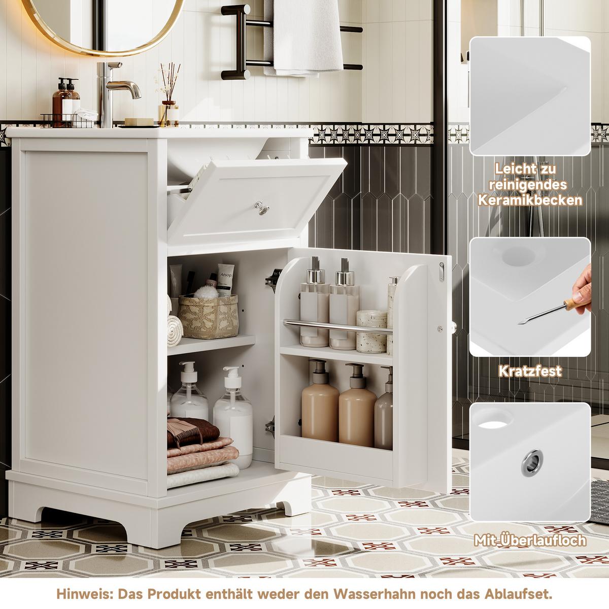 WASCHTISCH mit Unterschrank Weiß 51cm Standschrank mit Keramikbecken & Klappfach - Weiß, Holzwerkstoff (51/87/46cm) - Urban Meuble
