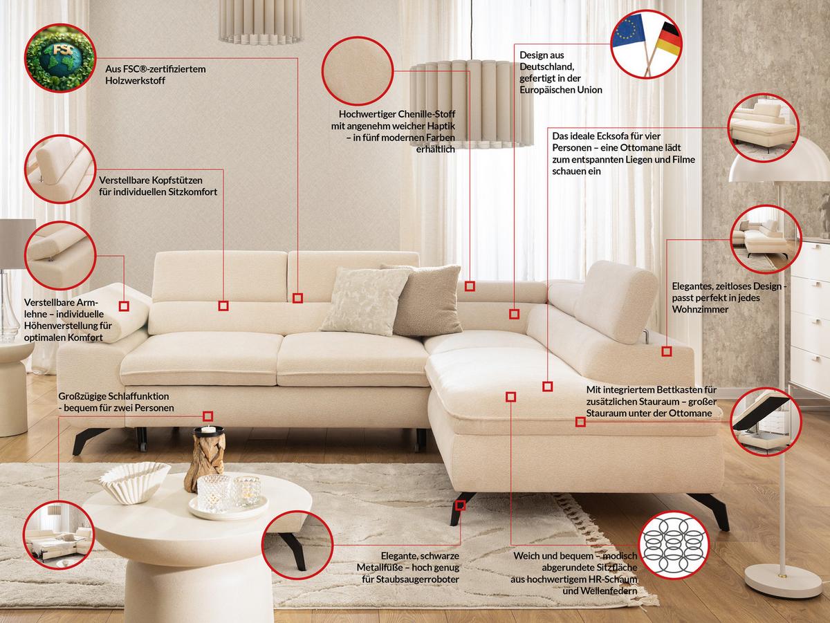 ECKSOFA mit Schlaffunktion und Bettkasten Bonnie aus Creme Chenille-Stoff mit verstellbaren Kopfstützen und Armlehne - Ottomane rechts - Creme/Schwarz, Holz/Textil (275/210cm) - S-Style