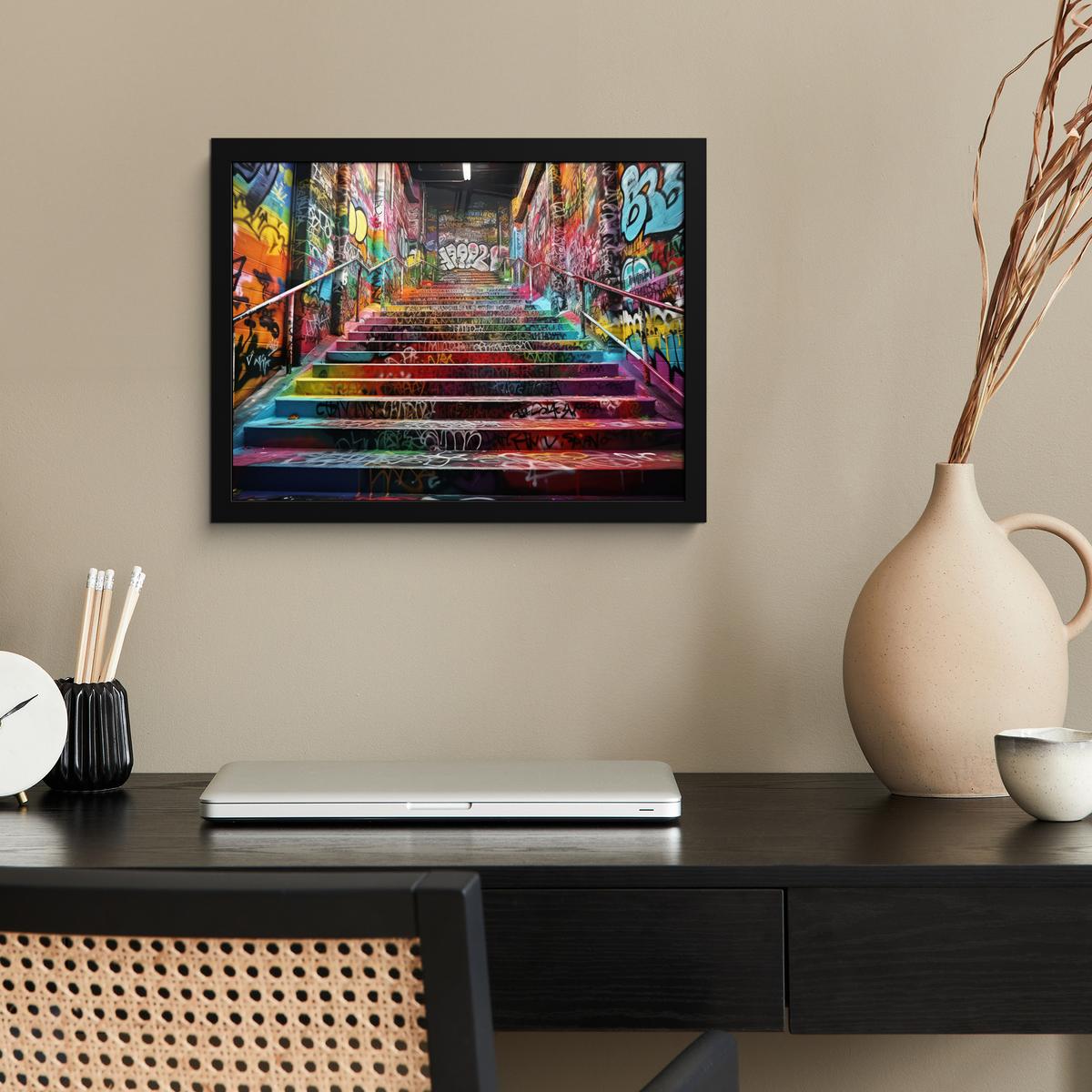 POSTER MIT RAHMENGERAHMTES BILD Treppe - Graffiti - Farben - Kunst 40x30 cm - Multicolor, Papier (40/30cm) - MuchoWow