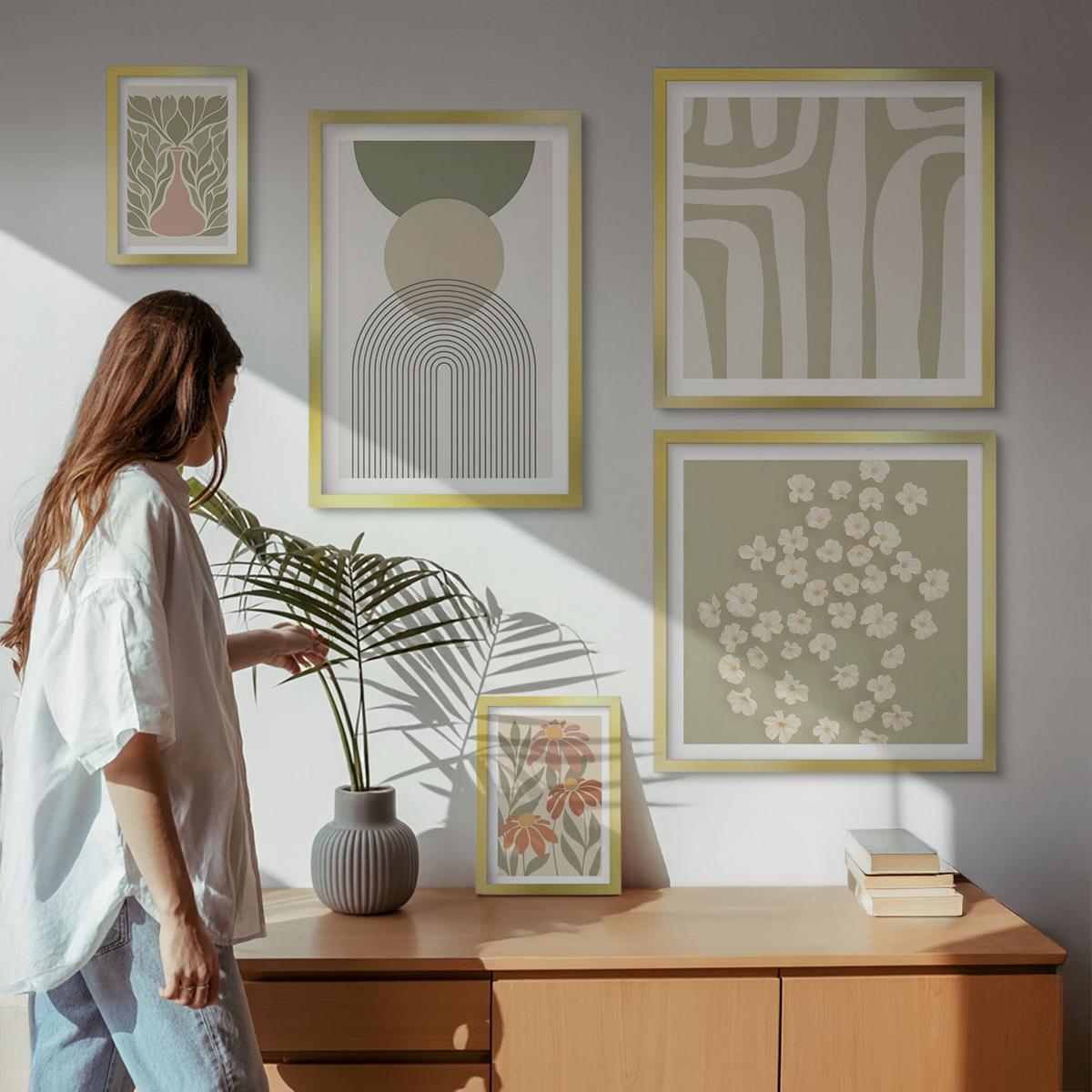 BILDER SET 5er Set - 50x50 cm & 20x30 cm & 40x60 cm Goldrahmen - Floraler minimalistischer Boho-Stil - Goldfarben, Kunststoff (40/60cm) - TULUP